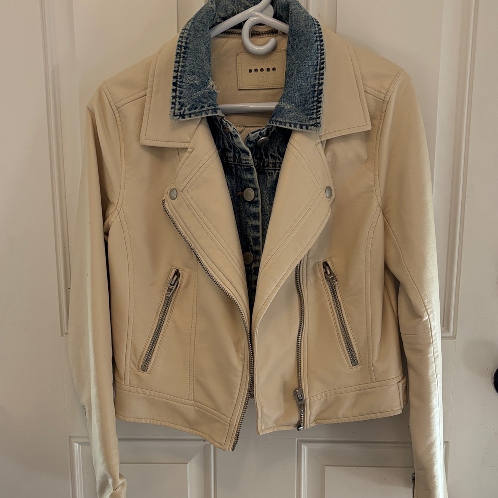 Blank NYC Cream Leather Jacket with Denim Collar